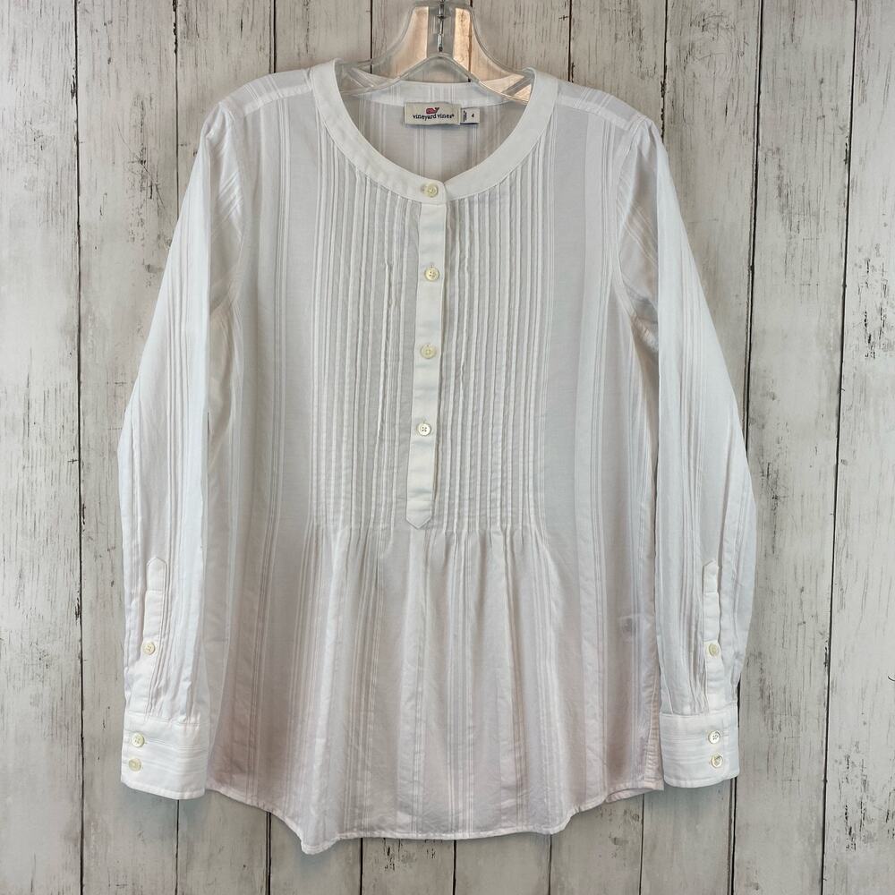 Vineyard Vines White Cap Cotton Relaxed Dobby Print Pintuck Popover Top Size 4